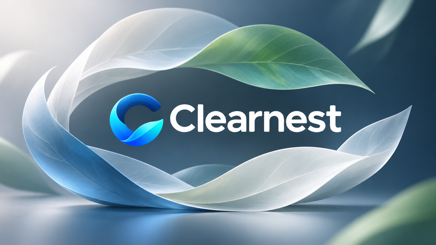 Clearnest – blaues Logo zwischen hellen und grünen Blattformen